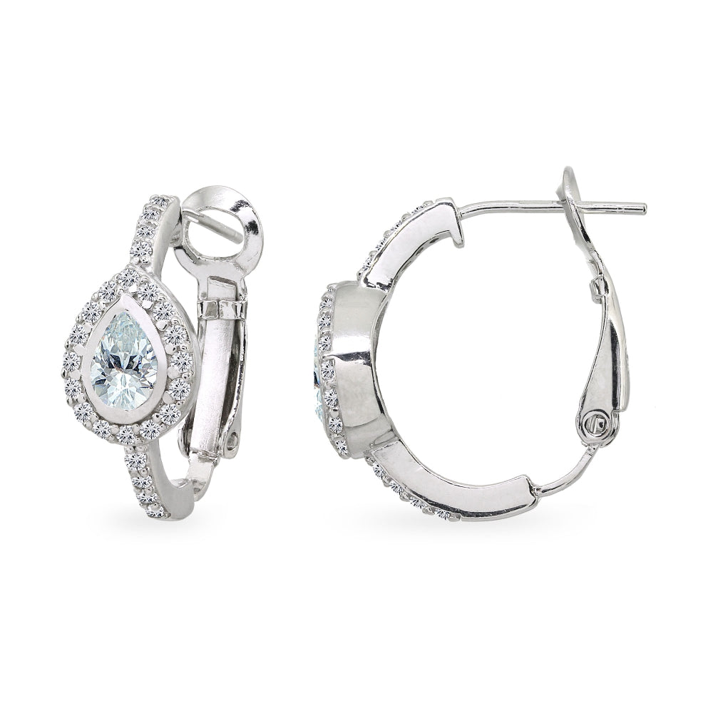 Sterling Silver Cubic Zirconia Teardrop Halo Clutchless Hoop Earrings