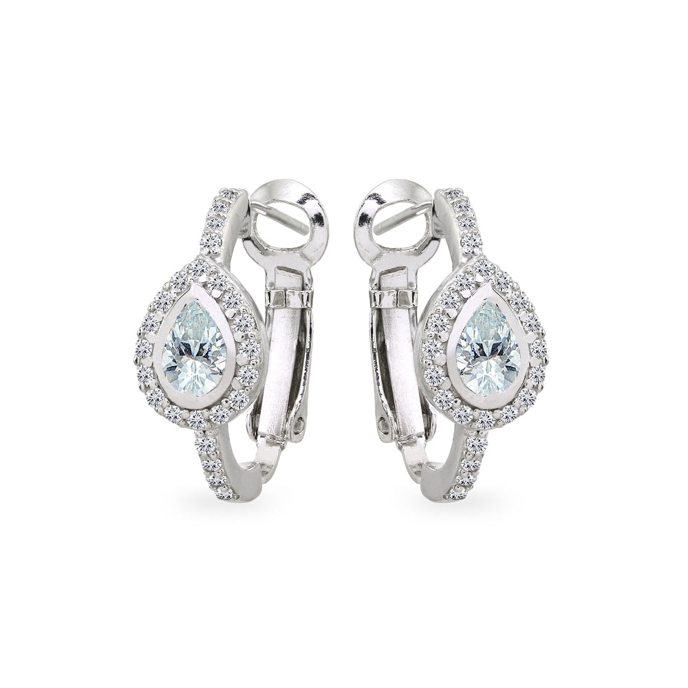 Sterling Silver Cubic Zirconia Teardrop Halo Clutchless Hoop Earrings-2