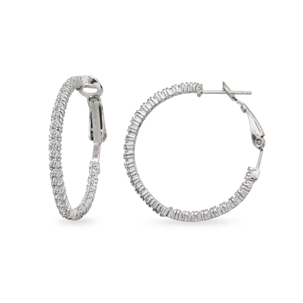 Sterling Silver Cubic Zirconia Round Thin Inside-Out Clutchless Hoop Earrings