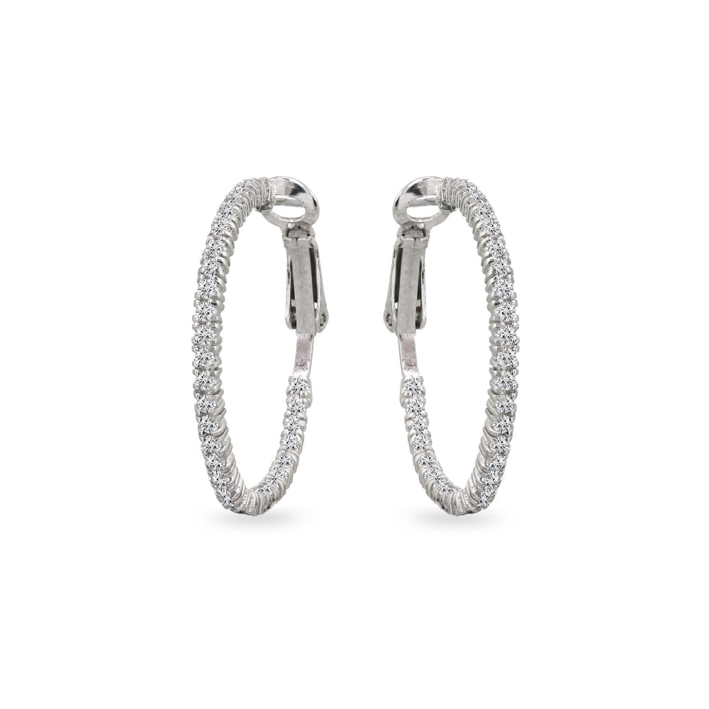 Sterling Silver Cubic Zirconia Round Thin Inside-Out Clutchless Hoop Earrings-2