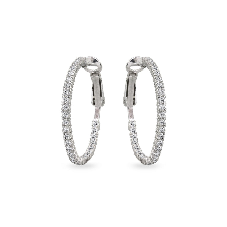 Sterling Silver Cubic Zirconia Round Thin Inside-Out Clutchless Hoop Earrings