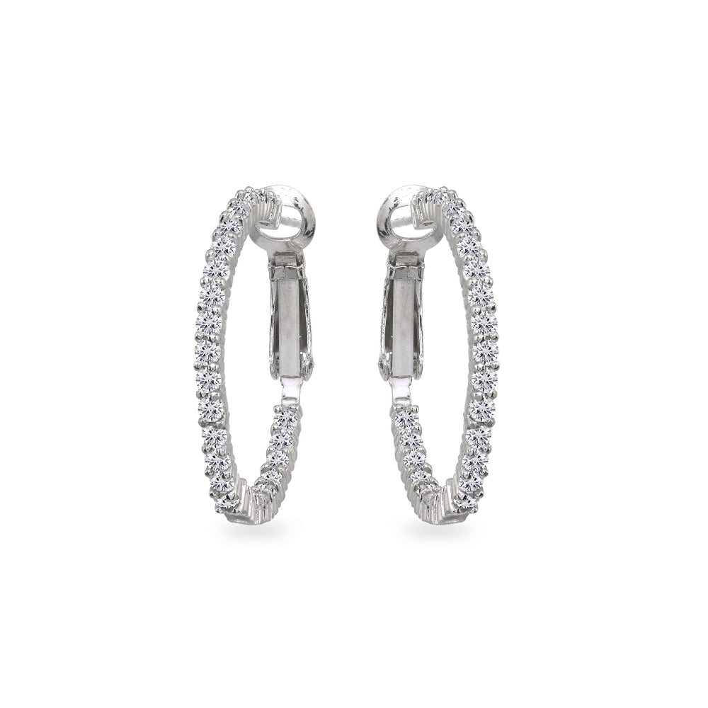 Sterling Silver Cubic Zirconia Round Dainty Inside-Out Clutchless Hoop Earrings-2