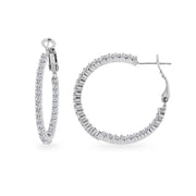 Sterling Silver Cubic Zirconia Round Thin Delicate Inside-Out Clutchless Hoop Earrings, 33mm
