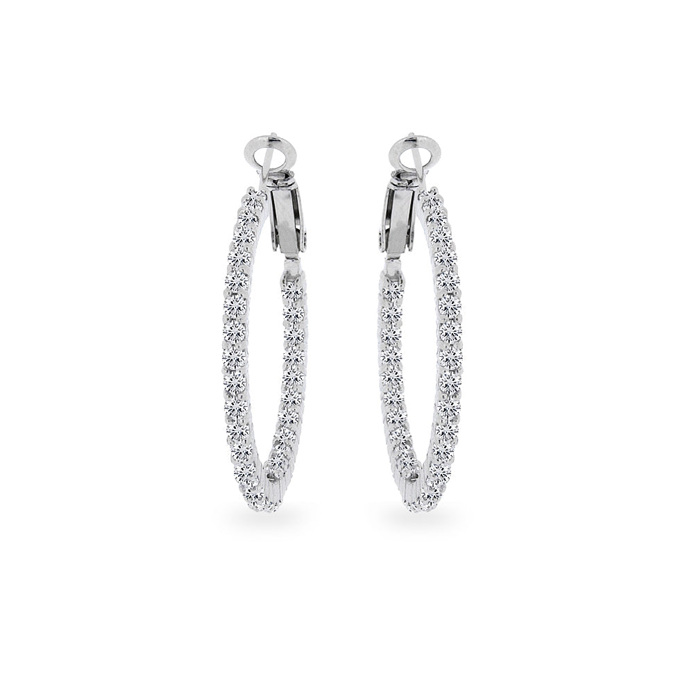 Sterling Silver Cubic Zirconia Round Thin Delicate Inside-Out Clutchless Hoop Earrings, 33mm-2