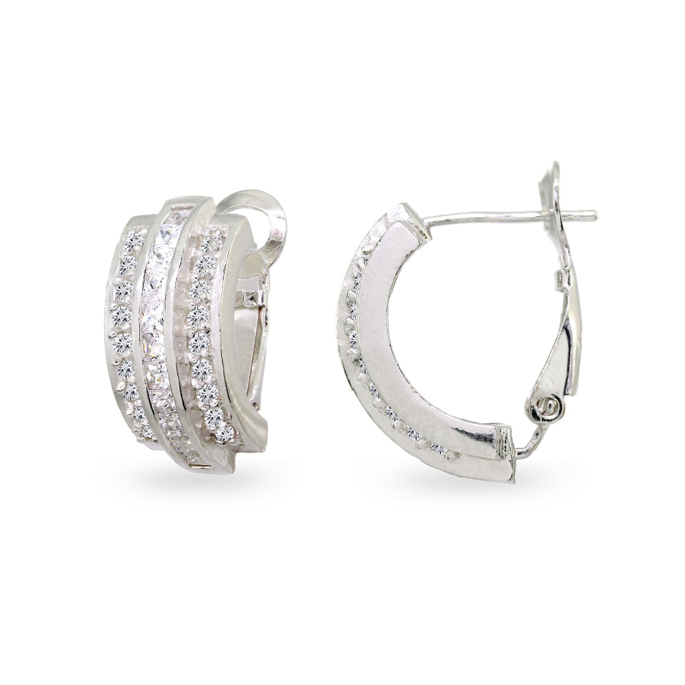 Sterling Silver Cubic Zirconia Three Row Channel-Set Clutchless Small J-Hoop Earrings