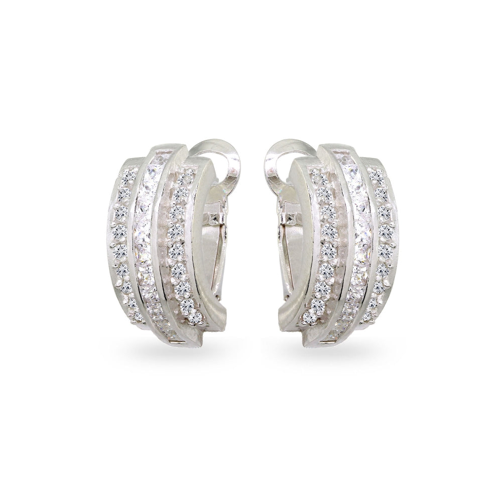 Sterling Silver Cubic Zirconia Three Row Channel-Set Clutchless Small J-Hoop Earrings-2