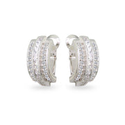 Sterling Silver Cubic Zirconia Three Row Channel-Set Clutchless Small J-Hoop Earrings