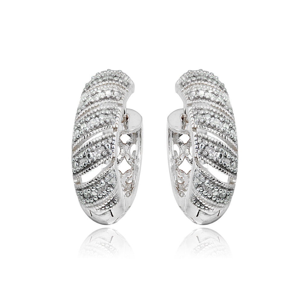 Sterling Silver Polished Diamond Accent Round Click Top Huggie Hoop Earrings, JK-I3-2