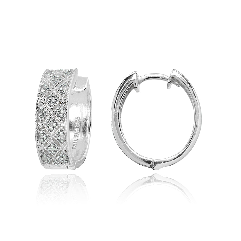 Sterling Silver Polished Textured Diamond Accent Round Click Top Huggie Hoop Earrings, JK-I3