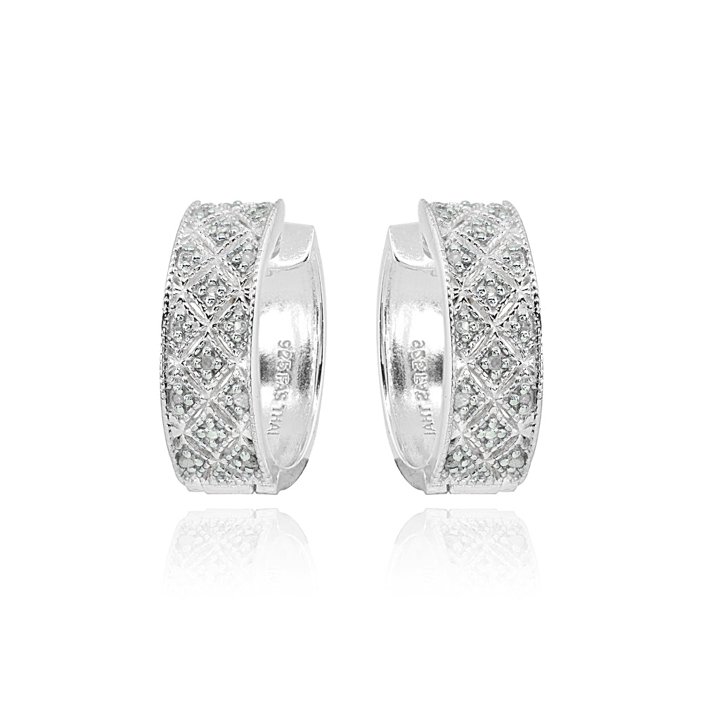 Sterling Silver Polished Textured Diamond Accent Round Click Top Huggie Hoop Earrings, JK-I3-2