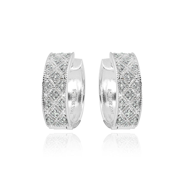 Sterling Silver Polished Textured Diamond Accent Round Click Top Huggie Hoop Earrings, JK-I3