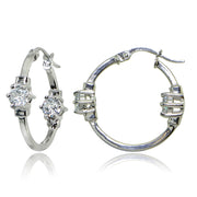 Sterling Silver Polished Cubic Zirconia Round Two Stone Hoop Earrings