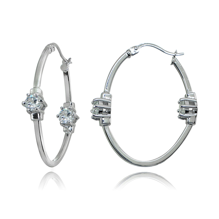 Sterling Silver Polished Cubic Zirconia Round Two Stone Oval Hoop Earrings