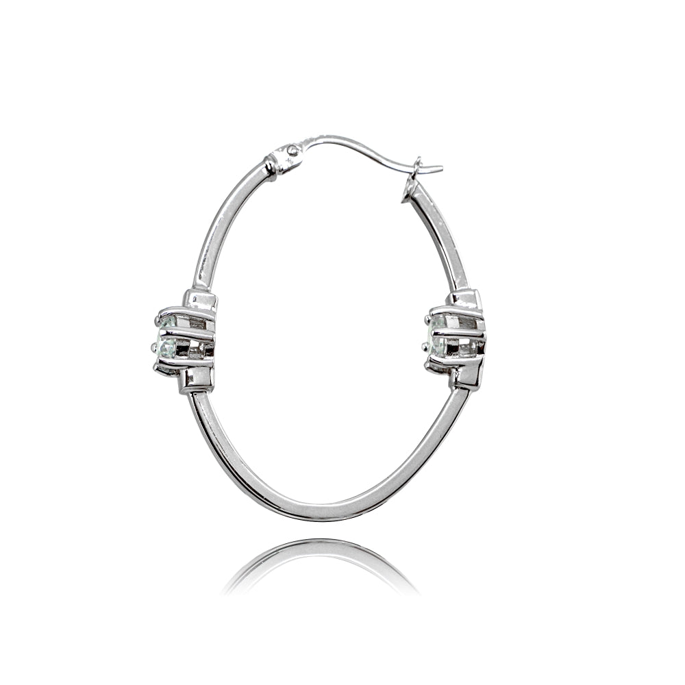 Sterling Silver Polished Cubic Zirconia Round Two Stone Oval Hoop Earrings-2