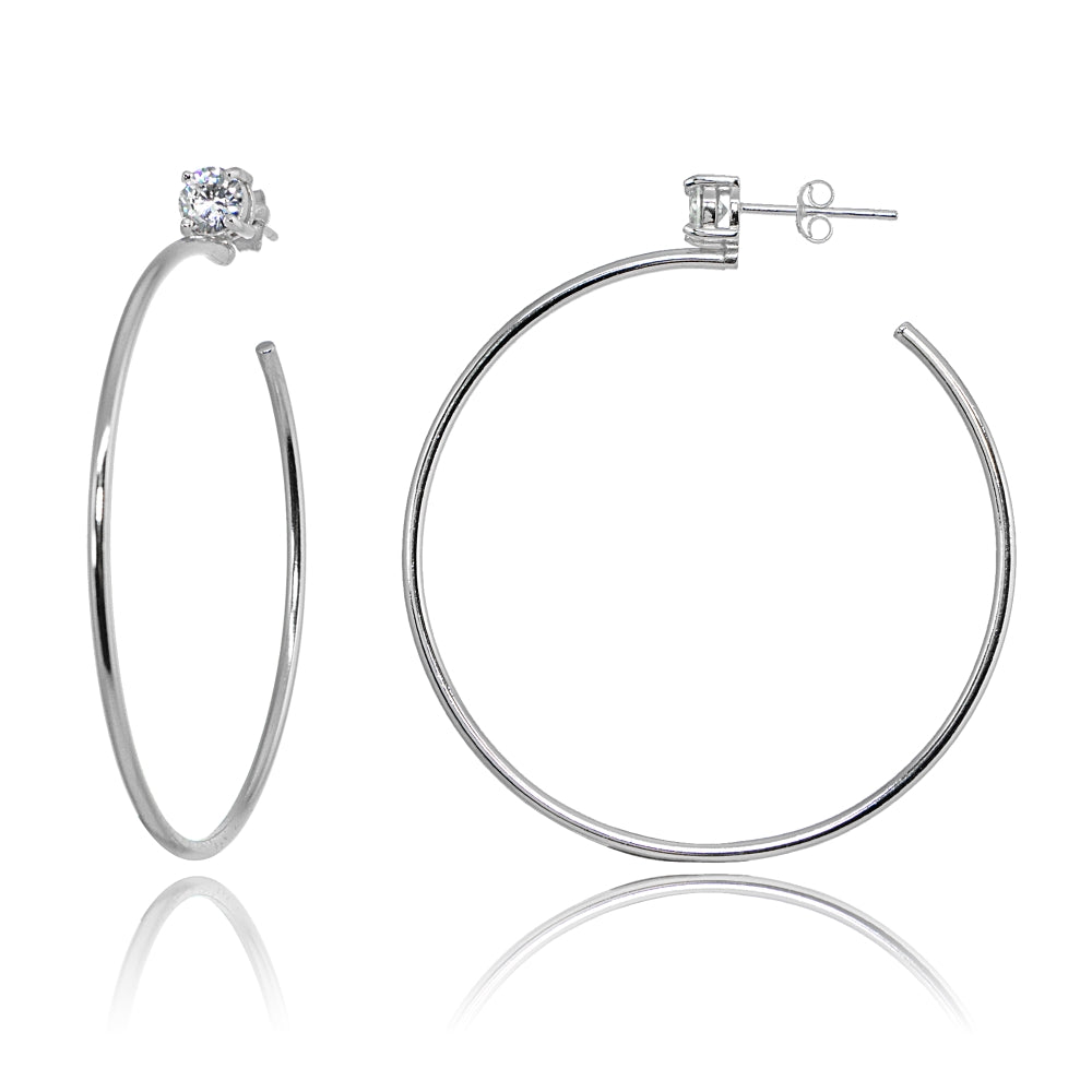 Sterling Silver Polished Cubic Zirconia Round 50mm Open Hoop Earrings