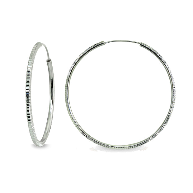 Sterling Silver 2x50mm Round Large Square-tube Lined Diamond-cut Endless Hoop Earrings for Women Girls, 2 Inch