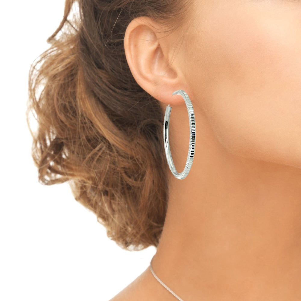 Sterling Silver 2x50mm Round Large Square-tube Lined Diamond-cut Endless Hoop Earrings for Women Girls, 2 Inch-2
