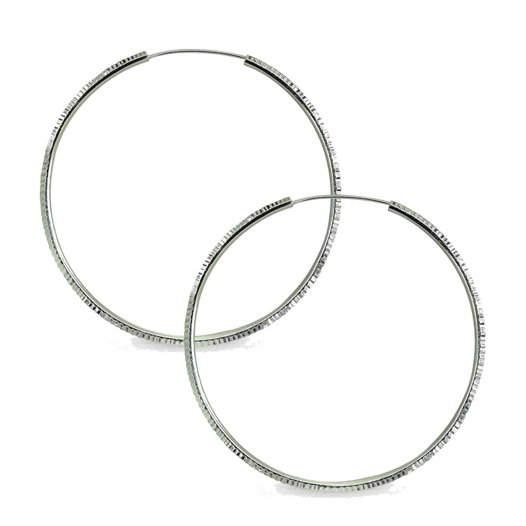 Sterling Silver 2x50mm Round Large Square-tube Lined Diamond-cut Endless Hoop Earrings for Women Girls, 2 Inch