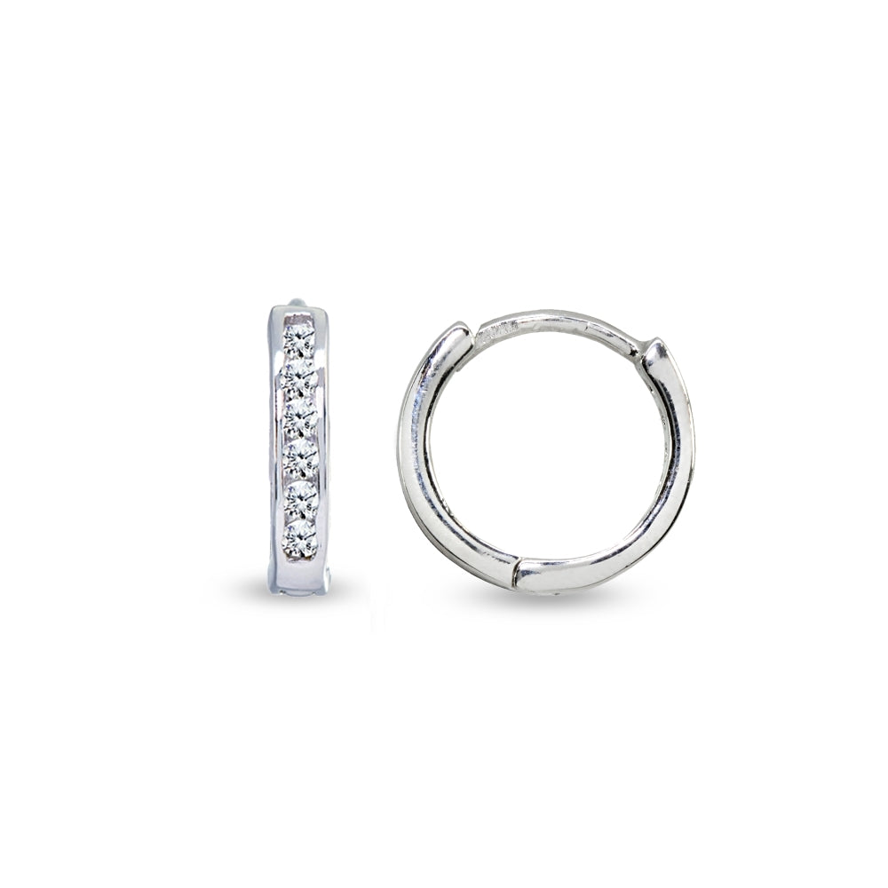 Sterling Silver Tiny Small 13mm Channel-set Cubic Zirconia Round Huggie Hoop Earrings