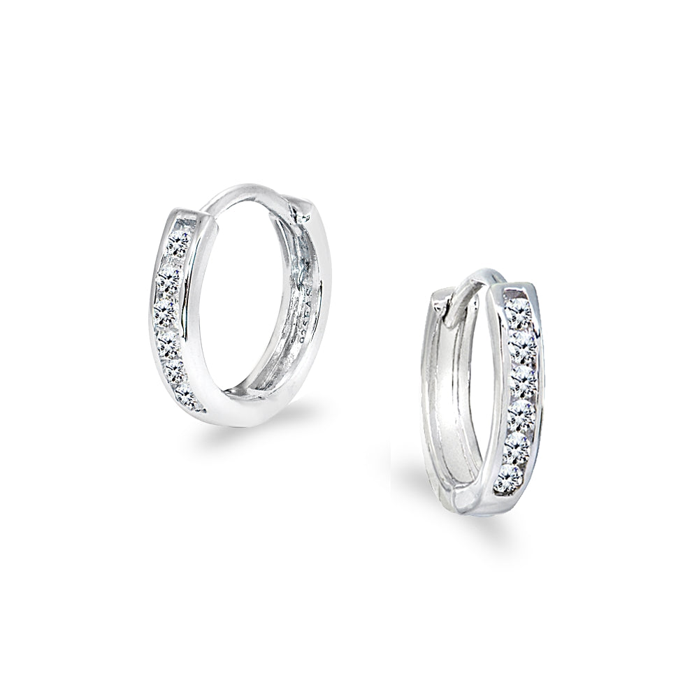 Sterling Silver Tiny Small 13mm Channel-set Cubic Zirconia Round Huggie Hoop Earrings-2