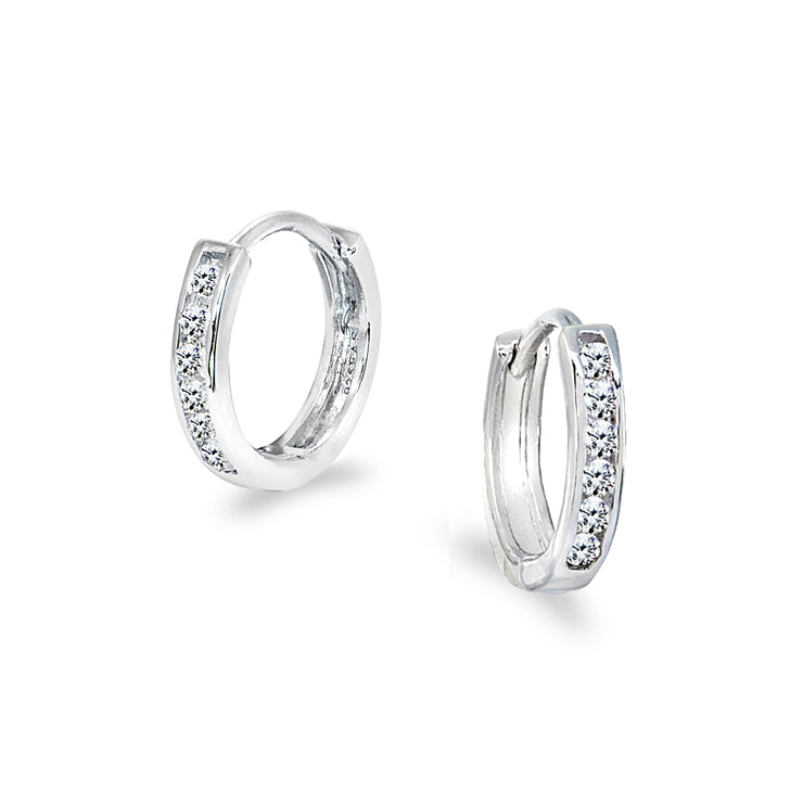 Sterling Silver Tiny Small 13mm Channel-set Cubic Zirconia Round Huggie Hoop Earrings