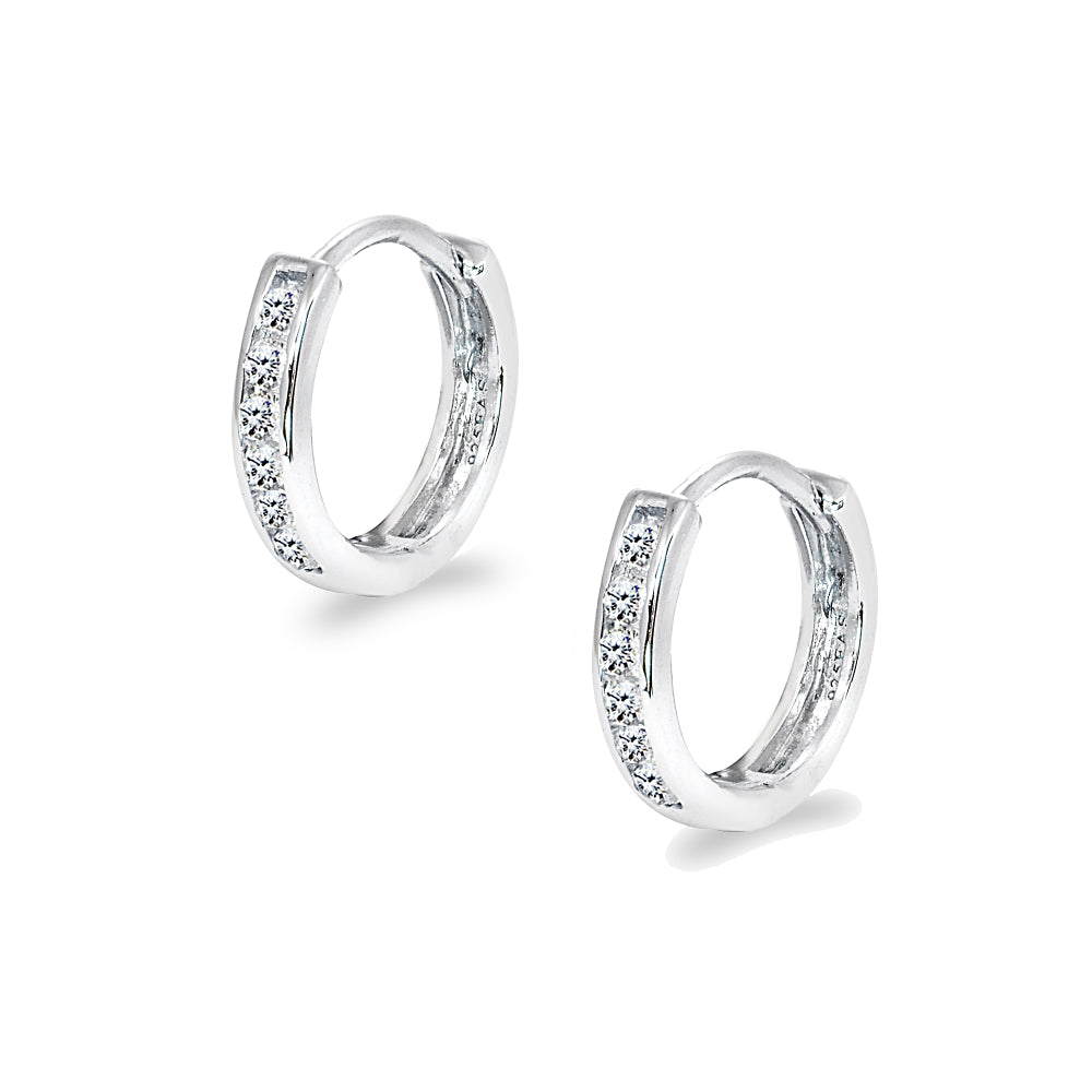 Sterling Silver Tiny Small 13mm Channel-set Cubic Zirconia Round Huggie Hoop Earrings-3