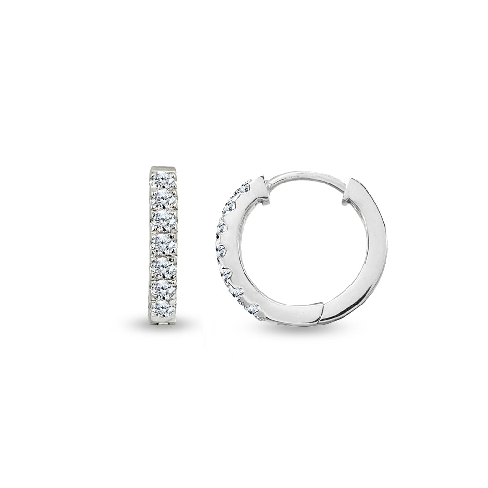 Sterling Silver Tiny Small 15mm Prong-set Cubic Zirconia Round Huggie Hoop Earrings