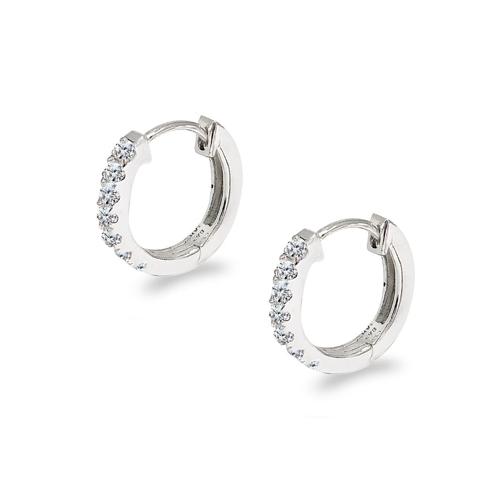 Sterling Silver Tiny Small 15mm Prong-set Cubic Zirconia Round Huggie Hoop Earrings-3