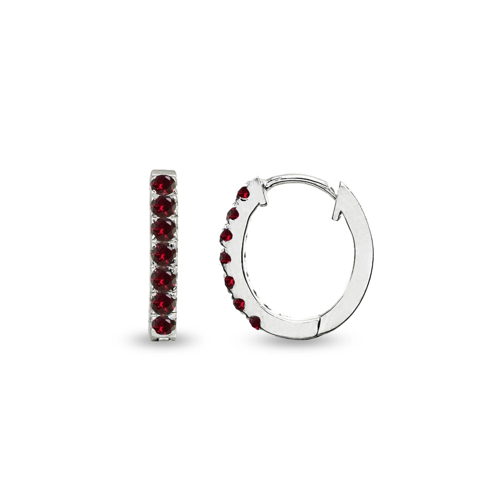 Sterling Silver Tiny Small 15mm Prong-set Created Ruby Oval Huggie Hoop Earrings