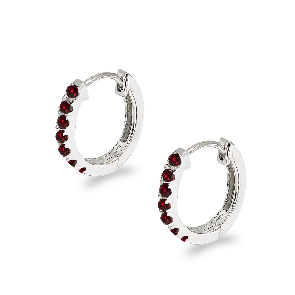 Sterling Silver Tiny Small 15mm Prong-set Created Ruby Oval Huggie Hoop Earrings-3