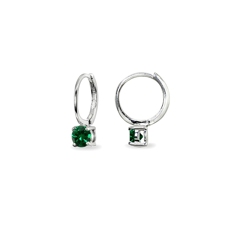 Sterling Silver Simulated Emerald 5mm Solitaire Small Round Huggie Hoop Earrings