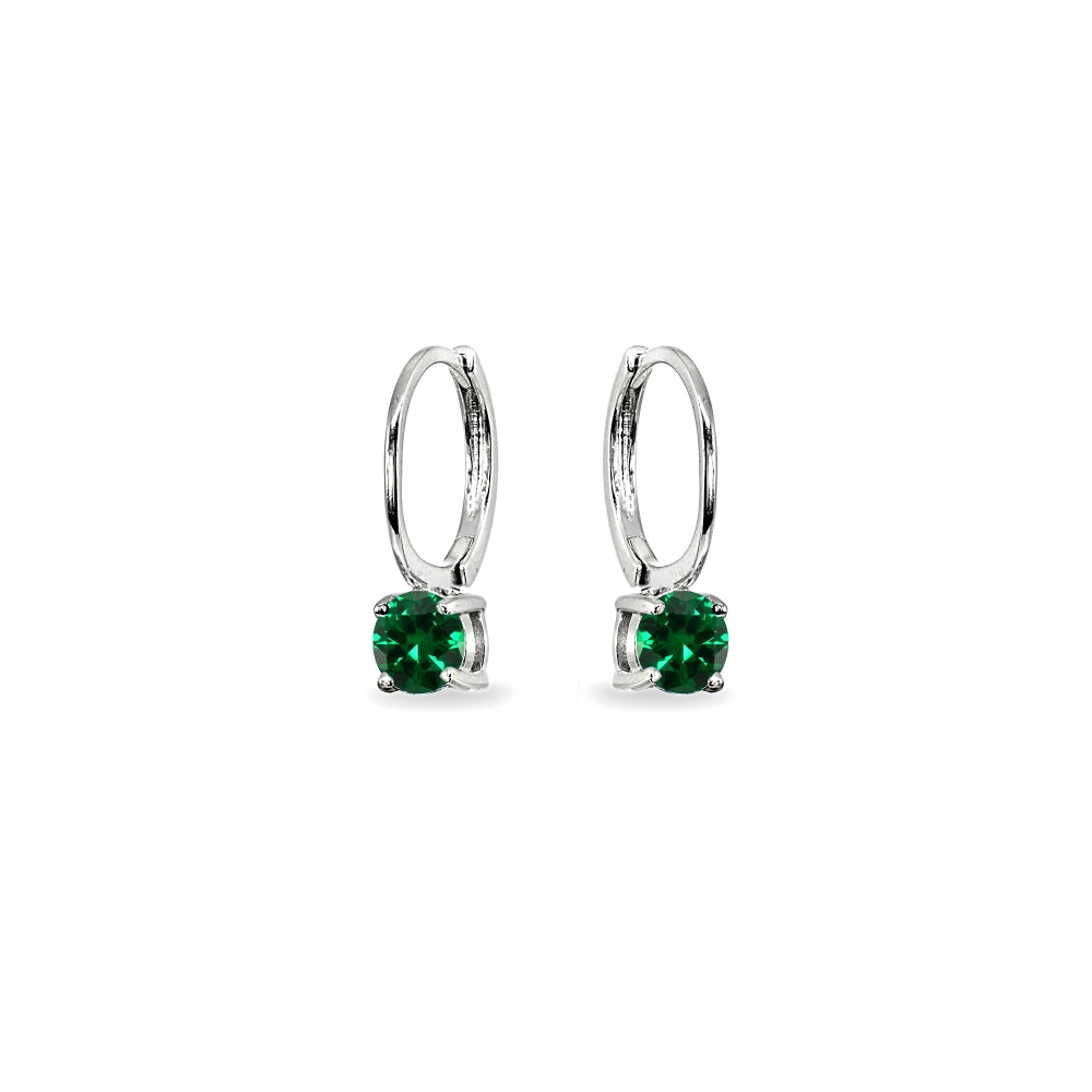 Sterling Silver Simulated Emerald 5mm Solitaire Small Round Huggie Hoop Earrings-2