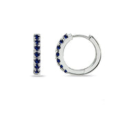 Sterling Silver Tiny Small 15mm Prong-set Created Blue Sapphire Round Huggie Hoop Earrings