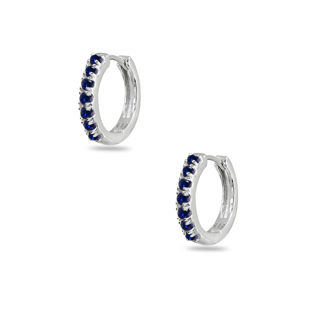 Sterling Silver Tiny Small 15mm Prong-set Created Blue Sapphire Round Huggie Hoop Earrings-2