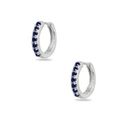Sterling Silver Tiny Small 15mm Prong-set Created Blue Sapphire Round Huggie Hoop Earrings