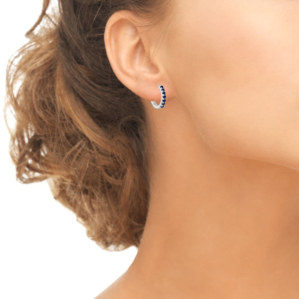 Sterling Silver Tiny Small 15mm Prong-set Created Blue Sapphire Round Huggie Hoop Earrings-3