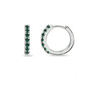 Sterling Silver Tiny Small 15mm Prong-set Simulated Emerald Round Huggie Hoop Earrings
