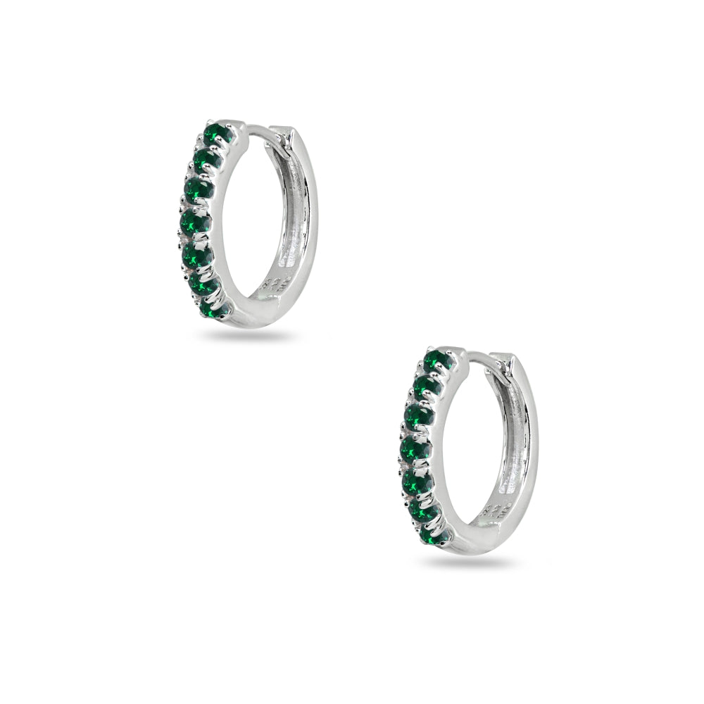 Sterling Silver Tiny Small 15mm Prong-set Simulated Emerald Round Huggie Hoop Earrings-2