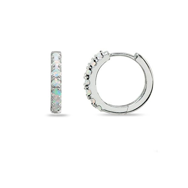 Sterling Silver Tiny Small 15mm Prong-set Created White Opal Round Huggie Hoop Earrings