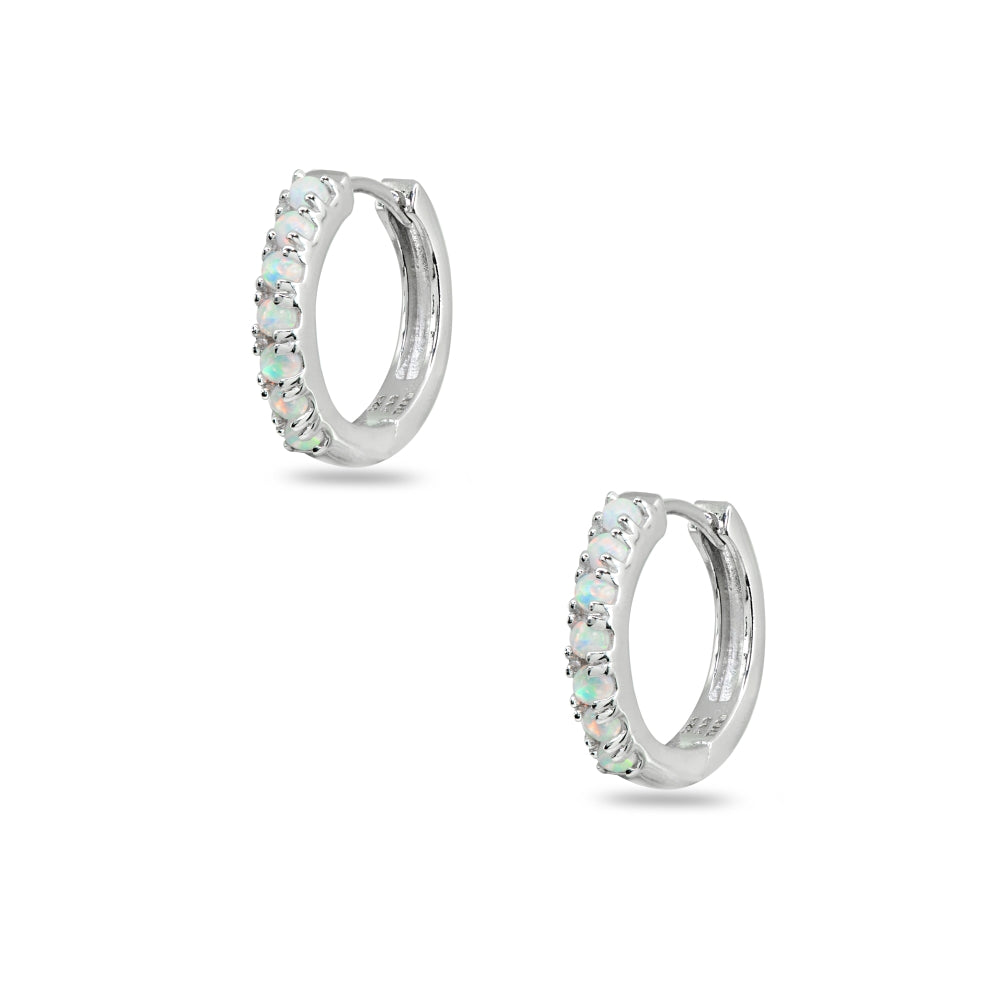 Sterling Silver Tiny Small 15mm Prong-set Created White Opal Round Huggie Hoop Earrings-2