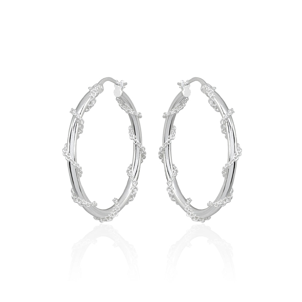 Sterling Silver Chain Wrap Click-Top Hoop Earrings, 30mm-2