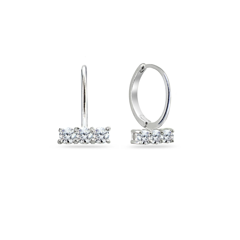 Sterling Silver Cubic Zirconia 3-Stone Bar Small Huggie Hoop Earrings