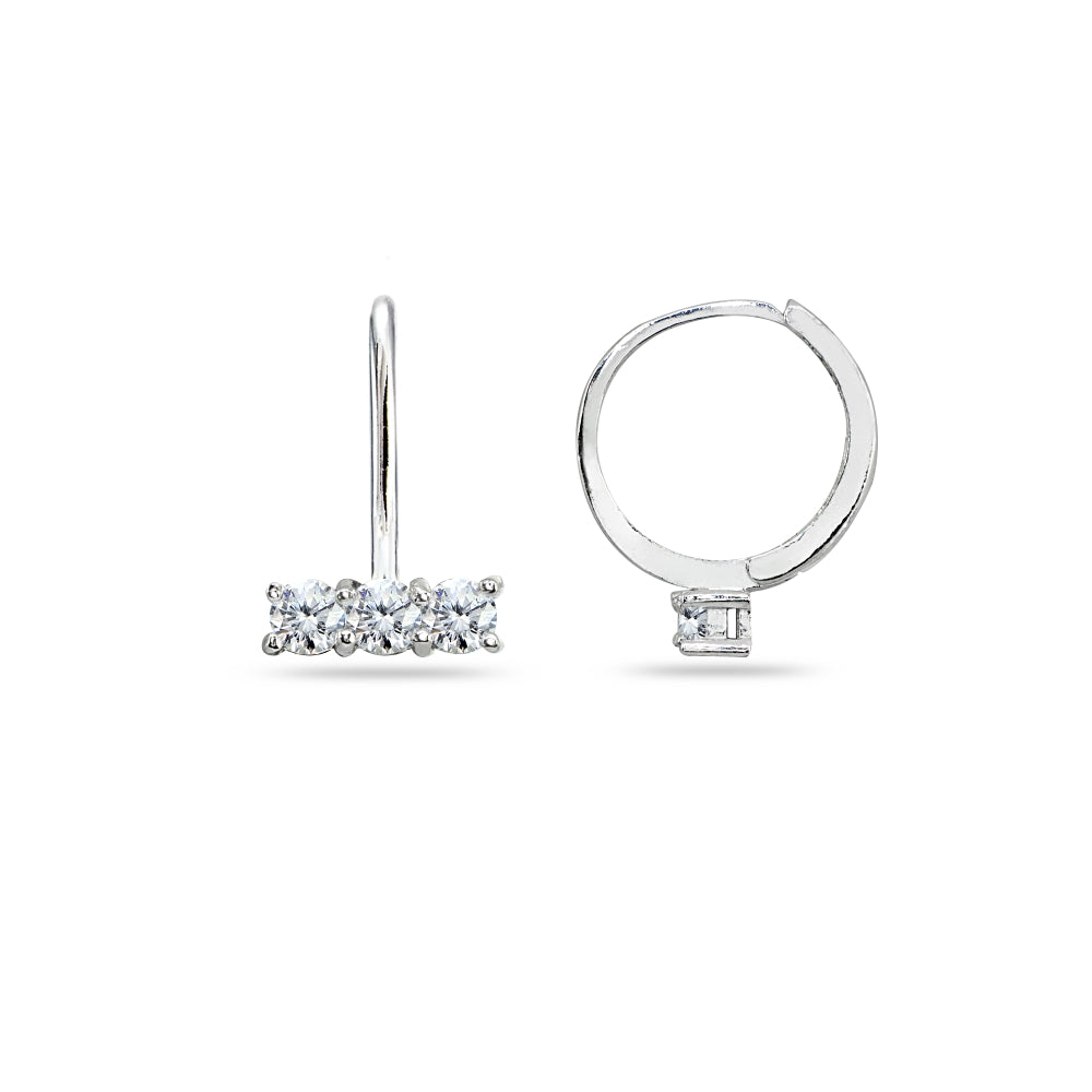 Sterling Silver Cubic Zirconia 3-Stone Bar Small Huggie Hoop Earrings-2