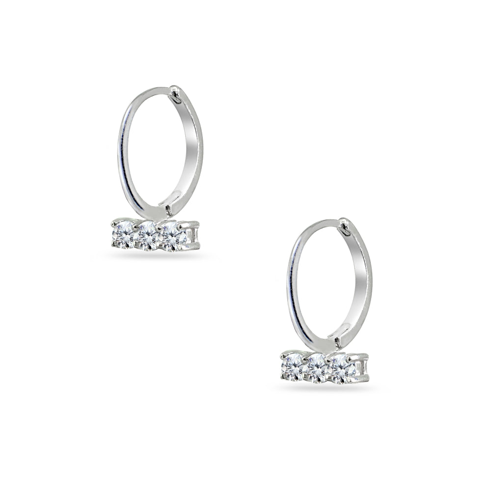 Sterling Silver Cubic Zirconia 3-Stone Bar Small Huggie Hoop Earrings-3