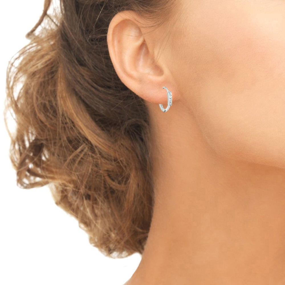 Sterling Silver Cubic Zirconia Vertical Bar Small Mini Huggie Hoop Earrings-4