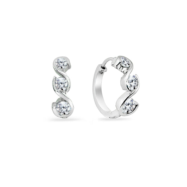 Sterling Silver Cubic Zirconia Round S Design Three-Stone Journey Small Huggie Hoop Earrings