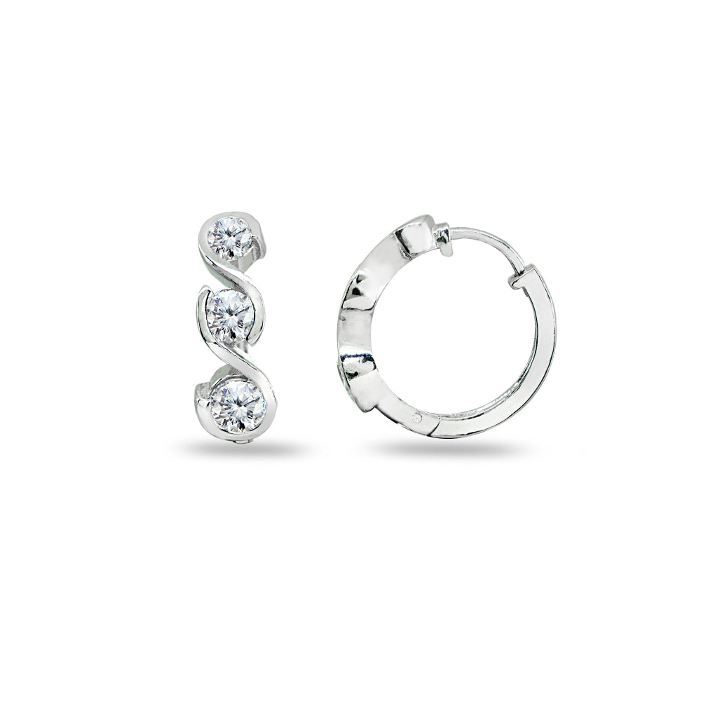 Sterling Silver Cubic Zirconia Round S Design Three-Stone Journey Small Huggie Hoop Earrings-2