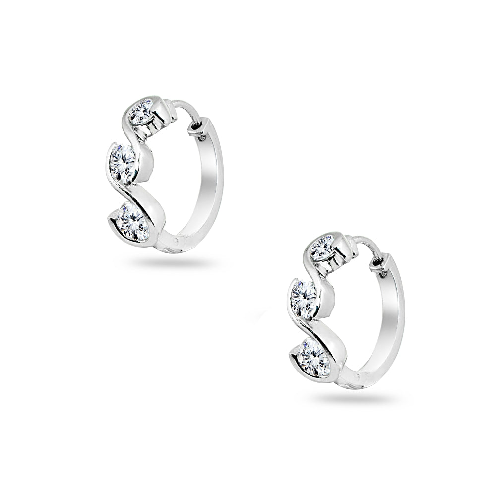 Sterling Silver Cubic Zirconia Round S Design Three-Stone Journey Small Huggie Hoop Earrings-3