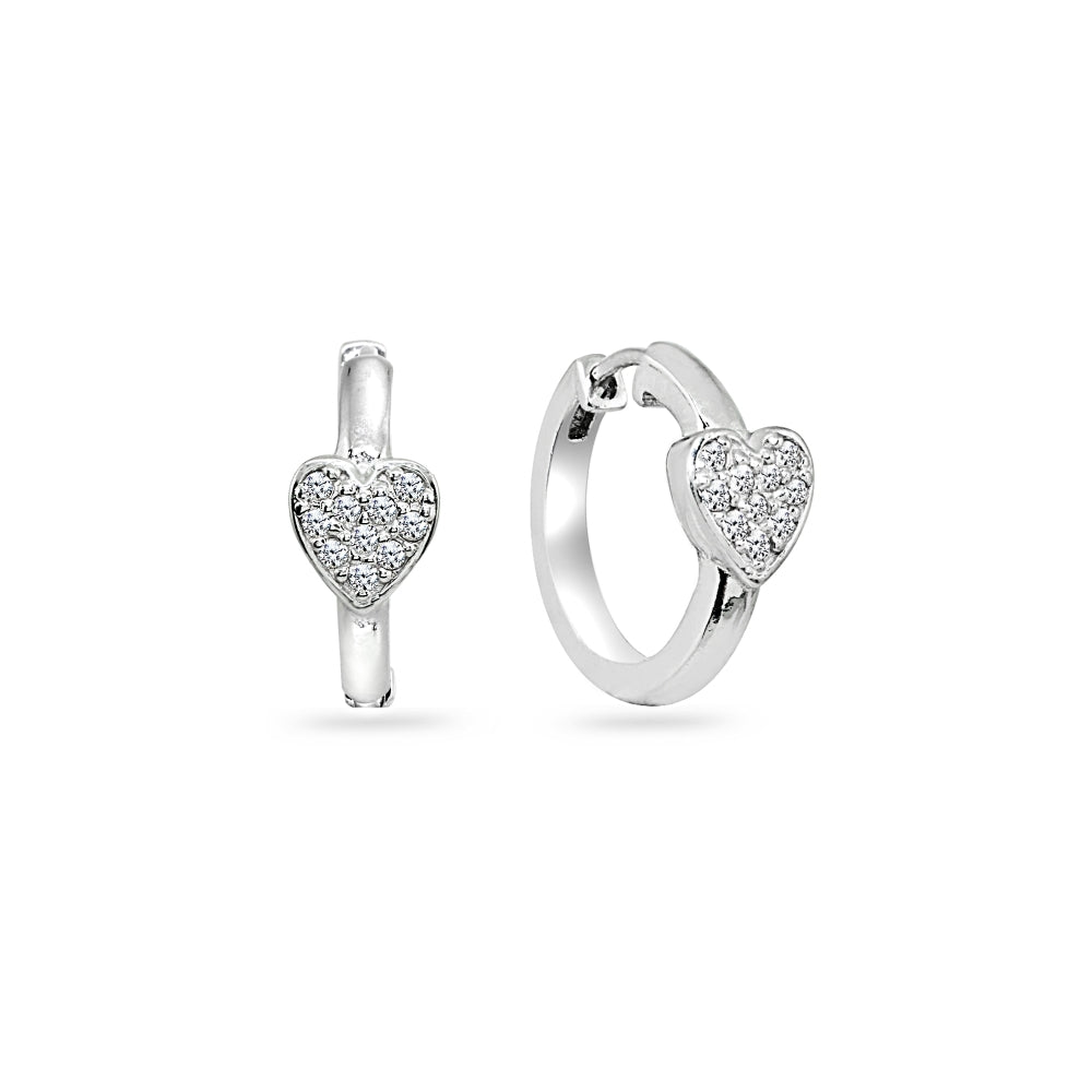 Sterling Silver Cubic Zirconia Pave Heart Small Huggie Hoop Earrings