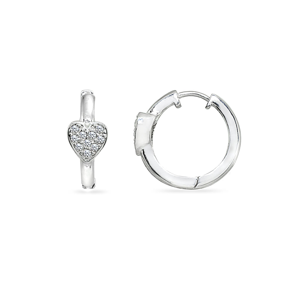 Sterling Silver Cubic Zirconia Pave Heart Small Huggie Hoop Earrings-2